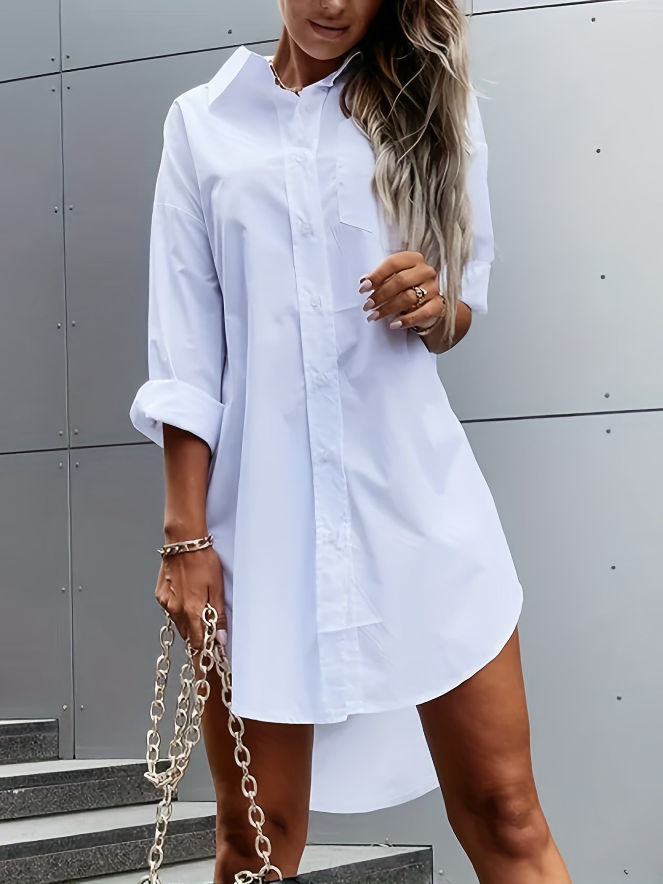 Chic Solid Color Button-Front Shirt Dress