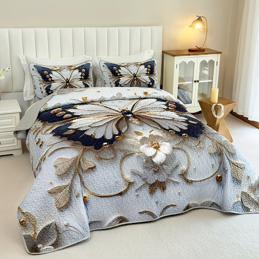 Soft, Breathable Quilted Bedding Set (2 or 3 Pieces) – Black & White Butterfly and Floral Design