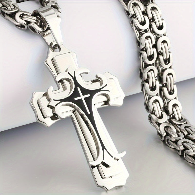 Retro Gilt Men's Necklace – Multi-Layer Cross Pendant with Flat Handmade Chain