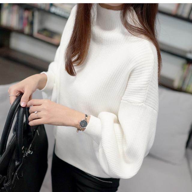 Half-High Collar Short Lantern Sleeve Pullover Sweater for Women