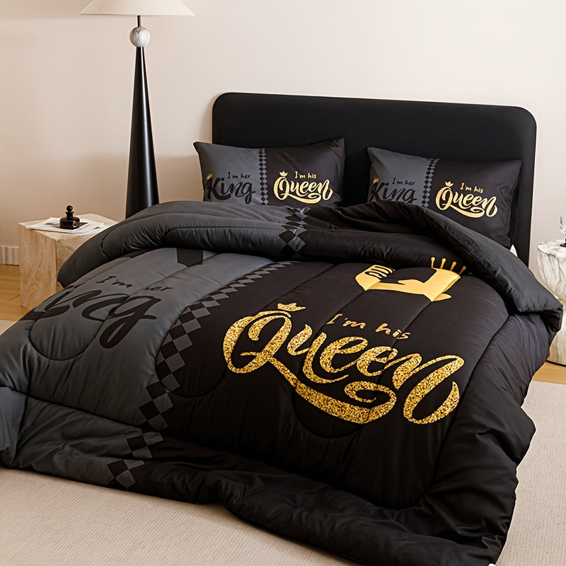 3pcs Super Soft Breathable Quilt Set – Black & Grey Color Blocking