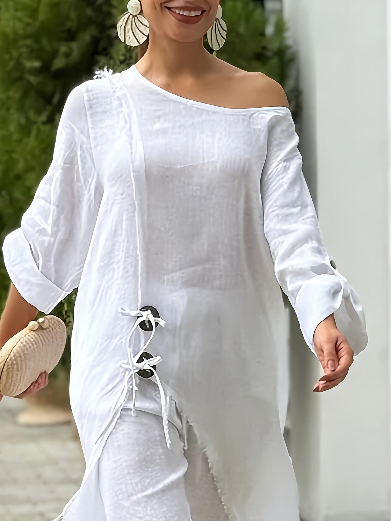 2pcs Strapless Long Sleeve Tie Slit Top And Casual Wide Leg Pants Set