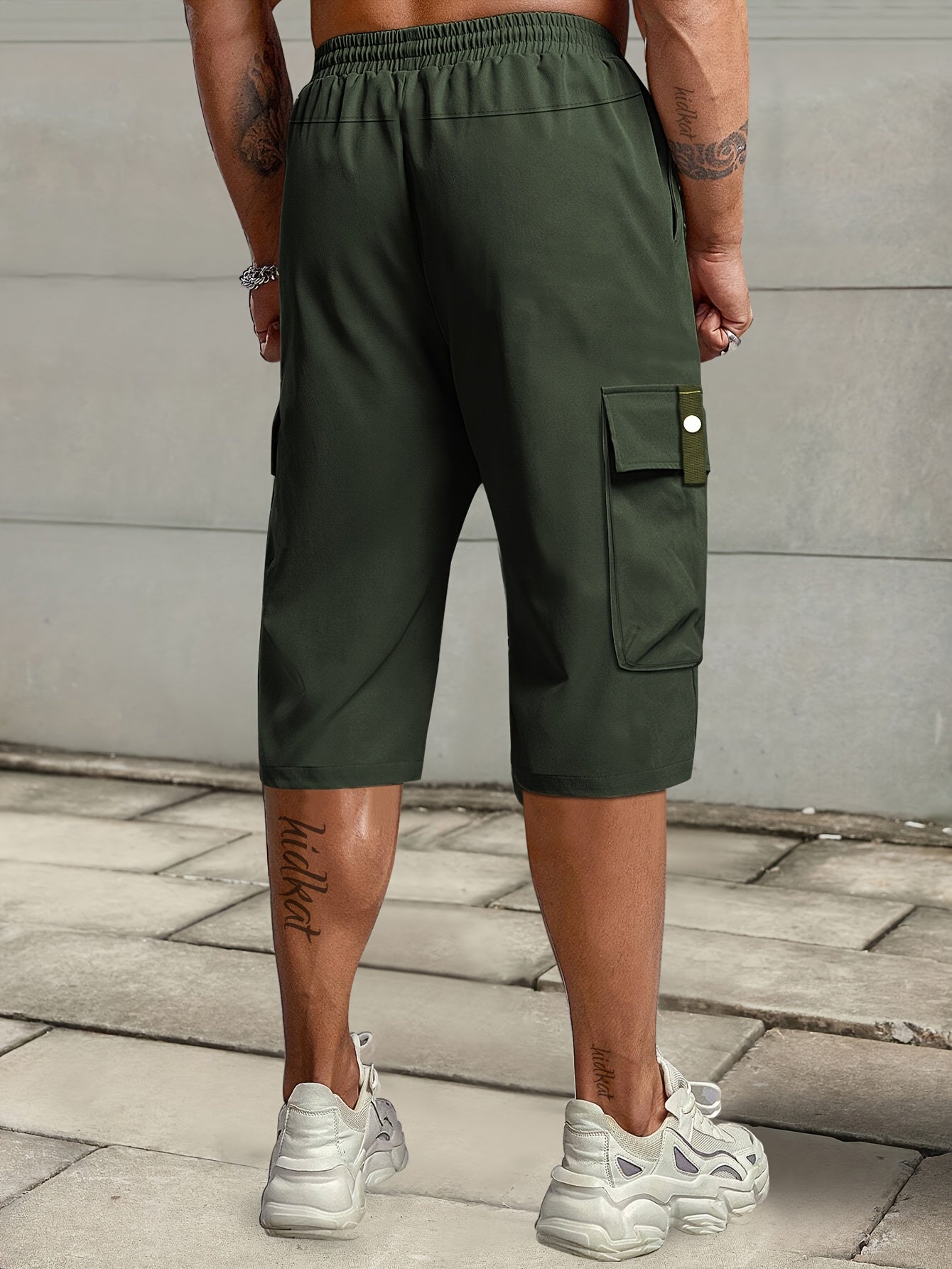 Men's Summer Casual Cargo Shorts with Elastic Drawstring Waist, Multi-Pocket Design & Letter Patch