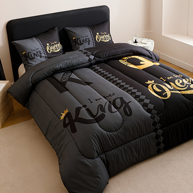3pcs Super Soft Breathable Quilt Set – Black & Grey Color Blocking