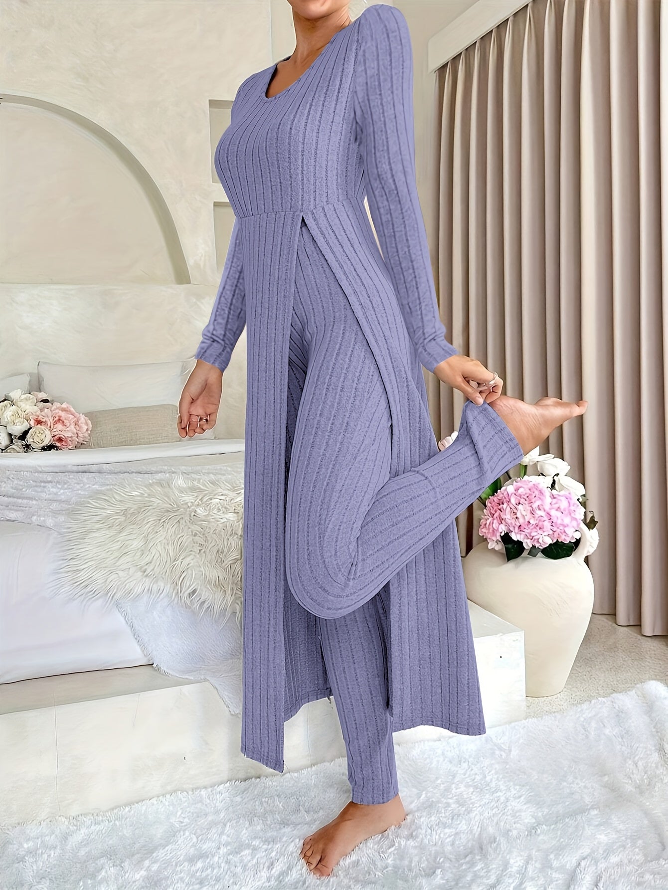Two-piece Set of Long-sleeved Ribbed Top and Pants for Women