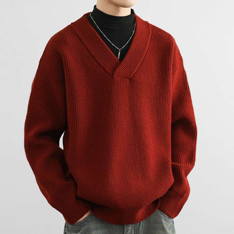 Men's V-Neck Solid Color Chunky Knit Sweater