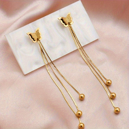 1 Pair Golden Stainless Steel Butterfly Tassel Earrings