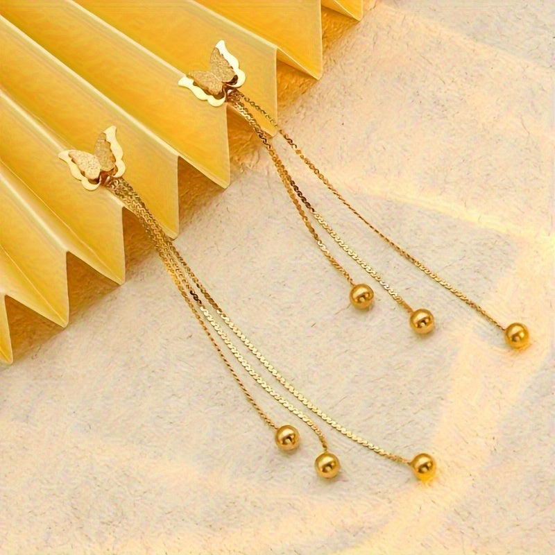 1 Pair Golden Stainless Steel Butterfly Tassel Earrings