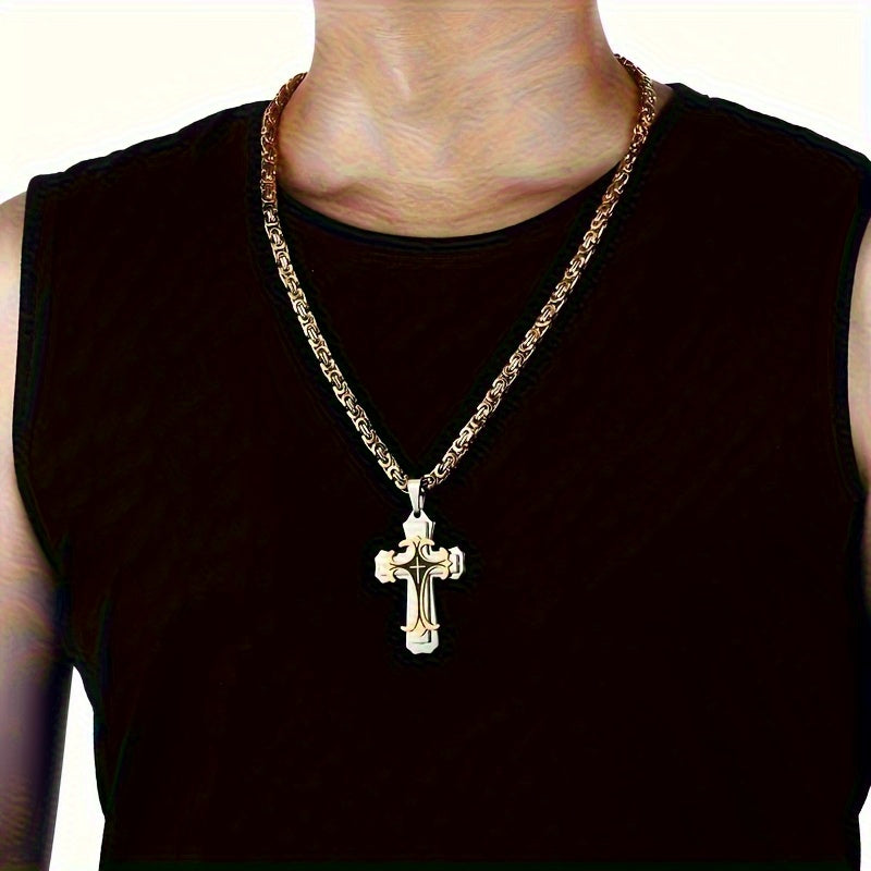 Retro Gilt Men's Necklace – Multi-Layer Cross Pendant with Flat Handmade Chain