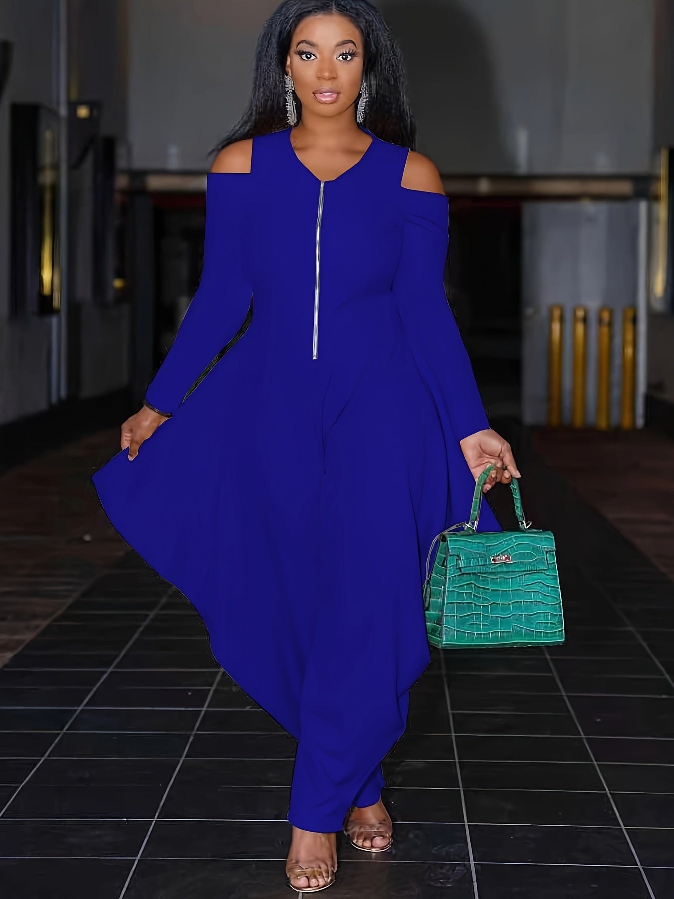 Fashionable Solid Color Off-Shoulder Zip-Up Jumpsuit