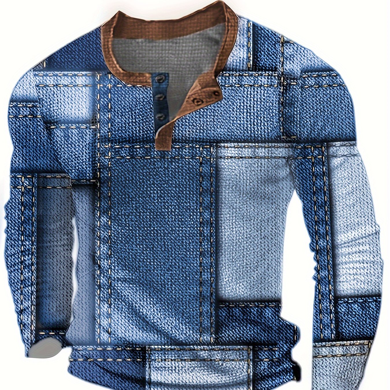 Men's Casual Crew Neck Long Sleeve Henley Shirt – Geometric Print