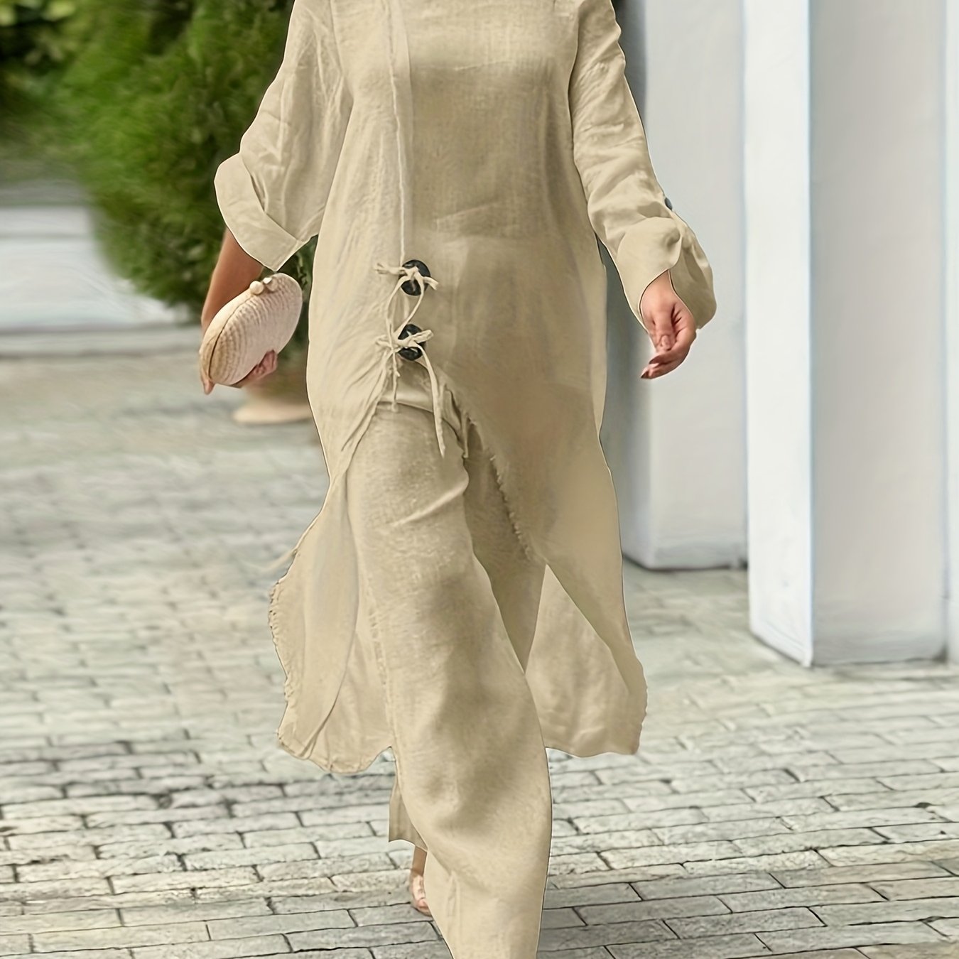 2pcs Strapless Long Sleeve Tie Slit Top And Casual Wide Leg Pants Set