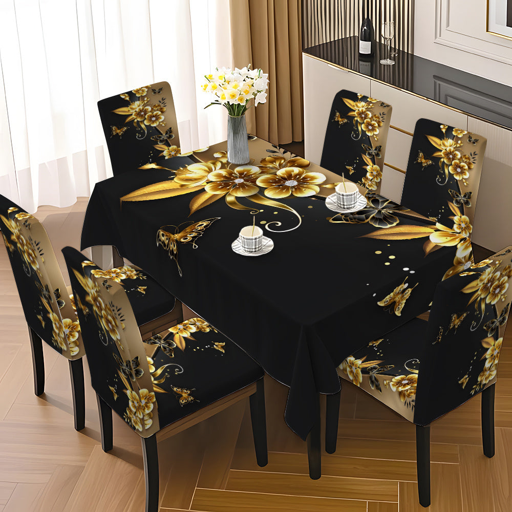 Black Golden Butterfly Tablecloth & Chair Cover Set – 5pcs / 7pcs
