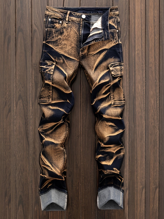 Men’s Straight Cut Ripped Camouflage Jeans – Designer Streetwear Style