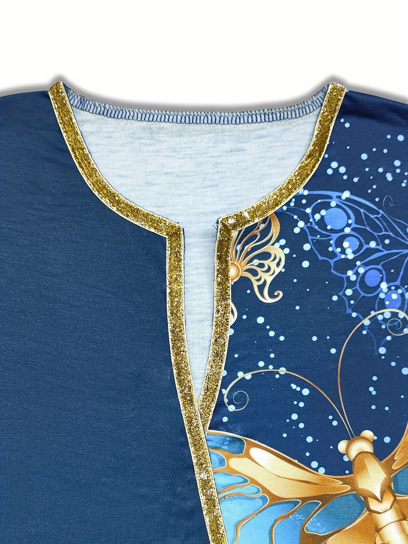 Women's Butterfly Print T-Shirt with Notched Neck – Long Sleeve, Contrast Trim