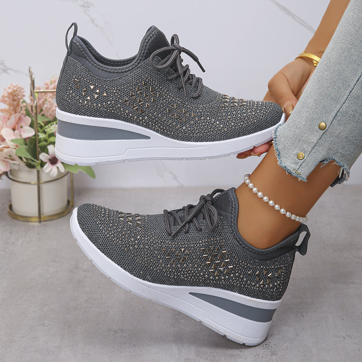 Rhinestone Wedge Sneakers – Fashion Lace-Up Casual Sports Shoes for Women