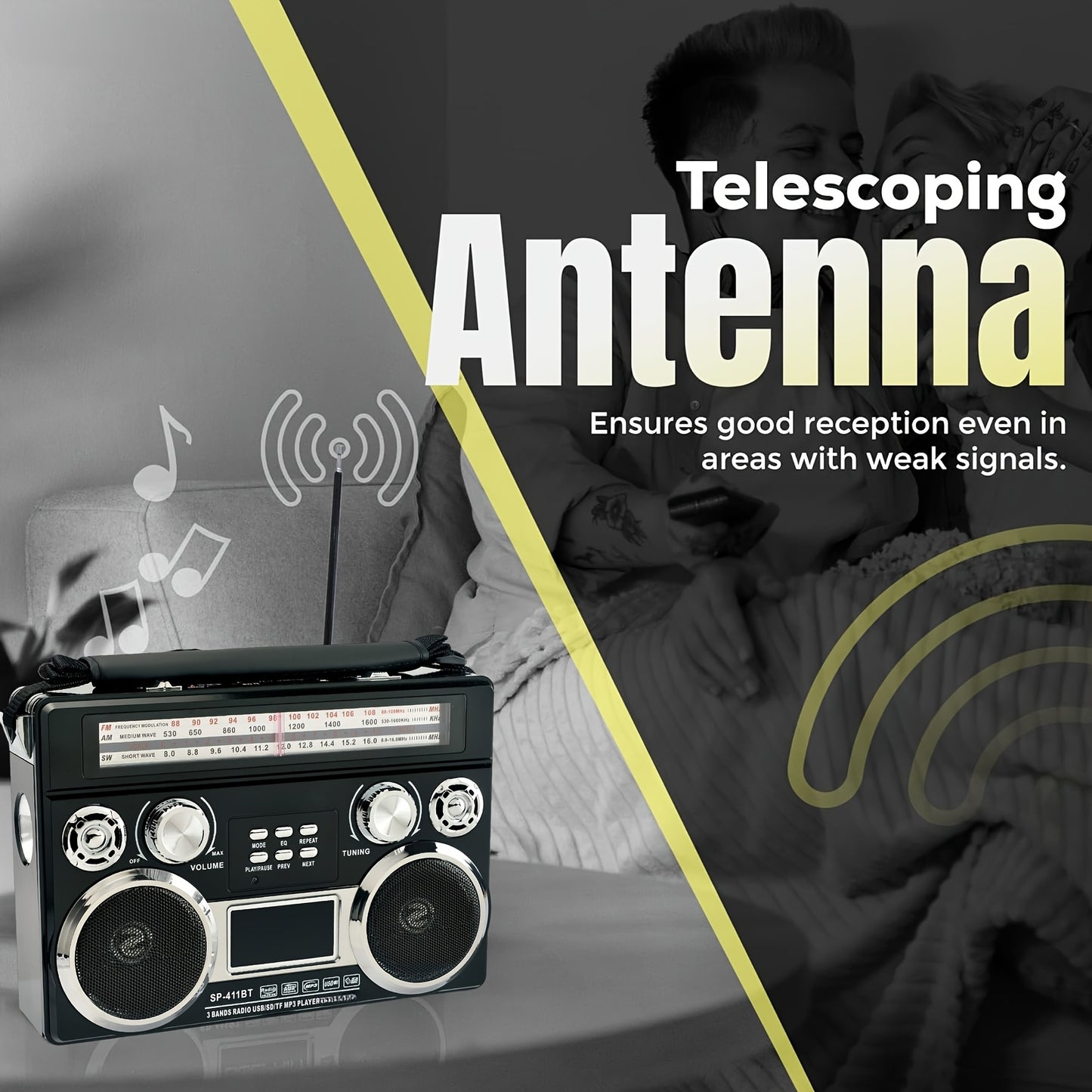 Portable 3-Band Radio with Wireless, Solar Panel & LED Flashlight