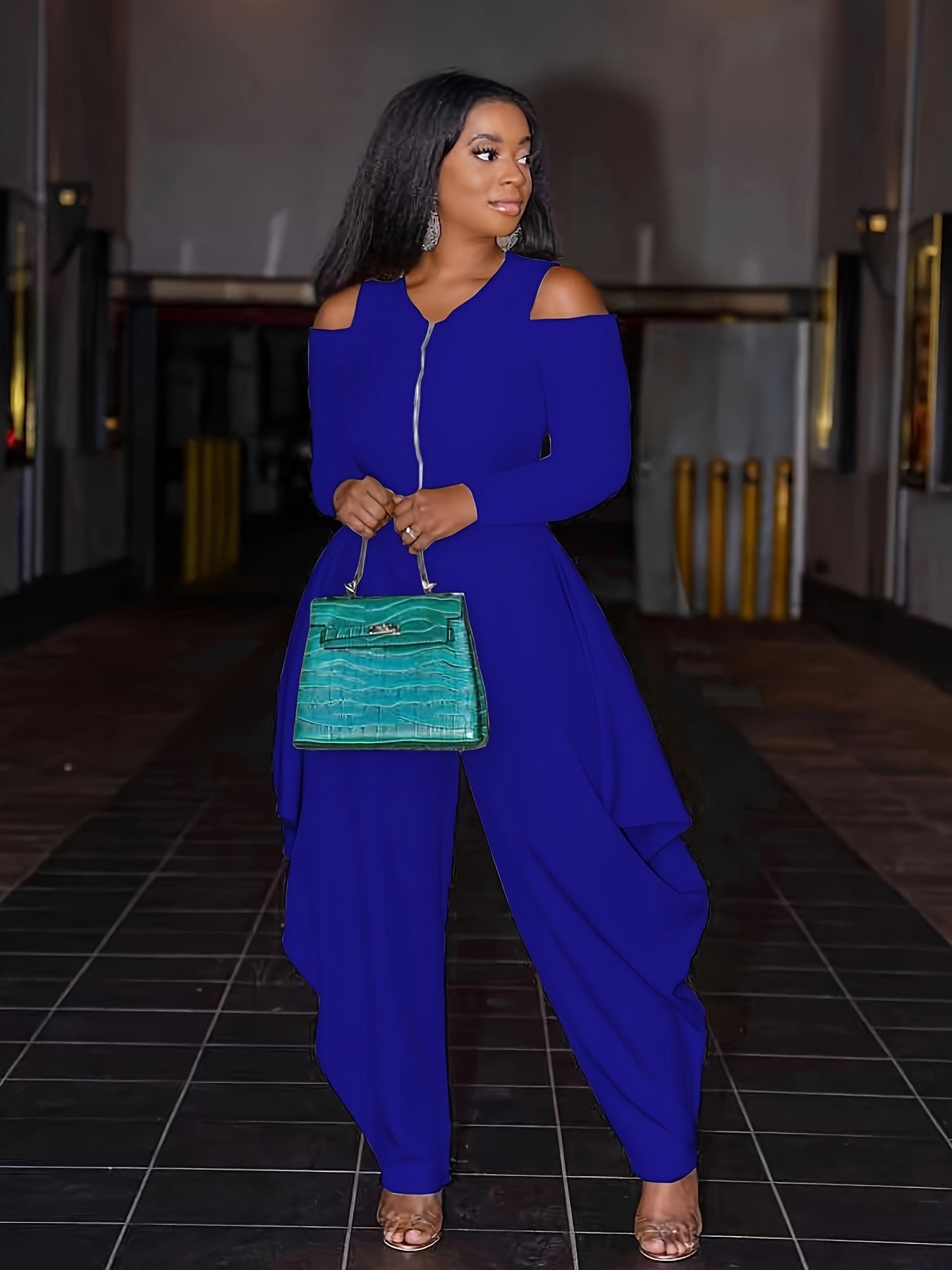 Fashionable Solid Color Off-Shoulder Zip-Up Jumpsuit