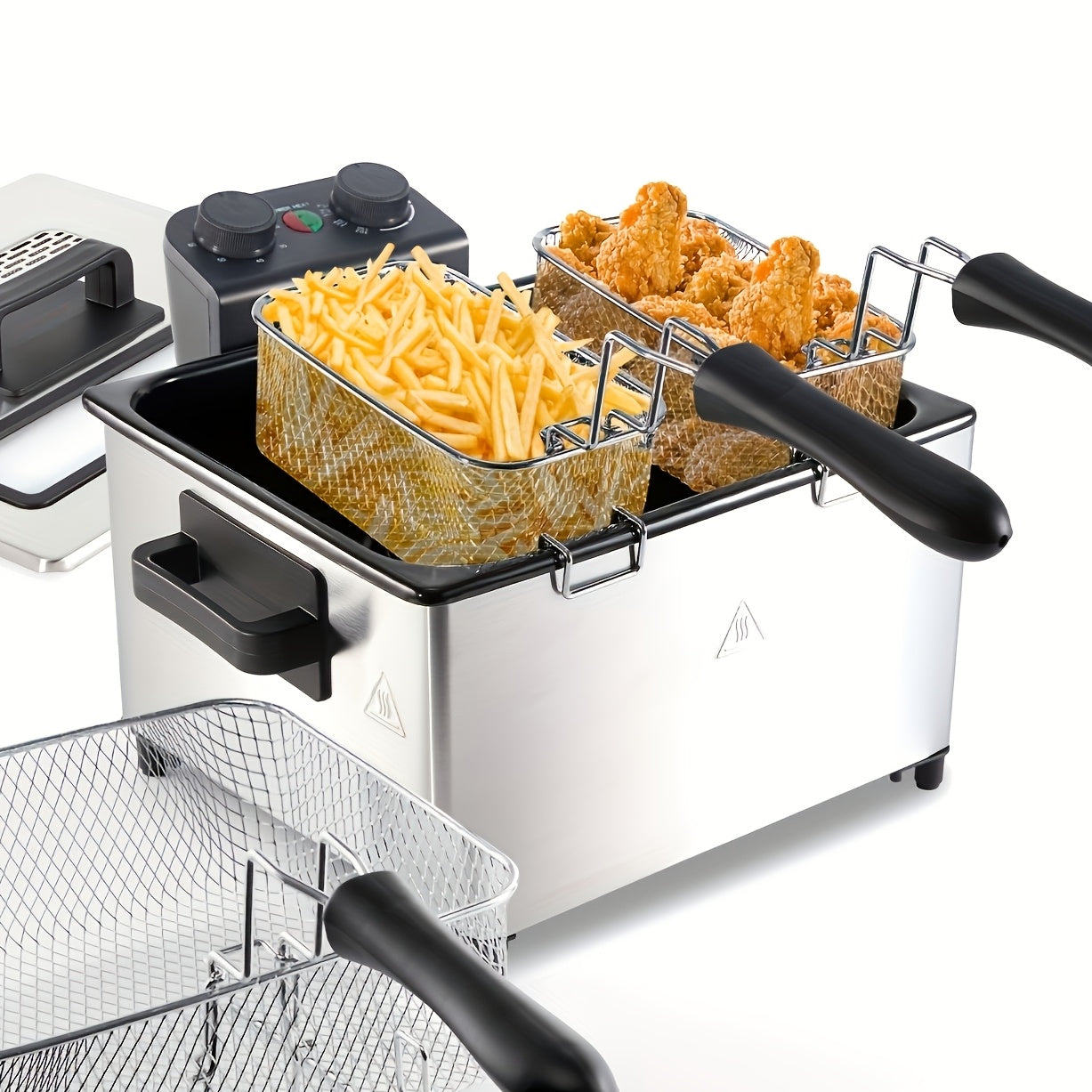 1700-Watt Stainless-Steel Triple Basket Electric Deep Fryer with Timer