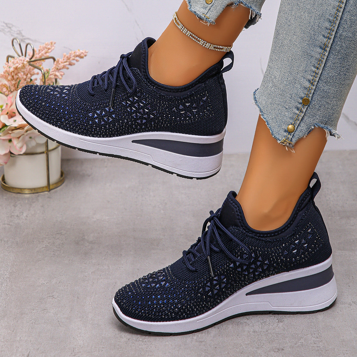 Rhinestone Wedge Sneakers – Fashion Lace-Up Casual Sports Shoes for Women