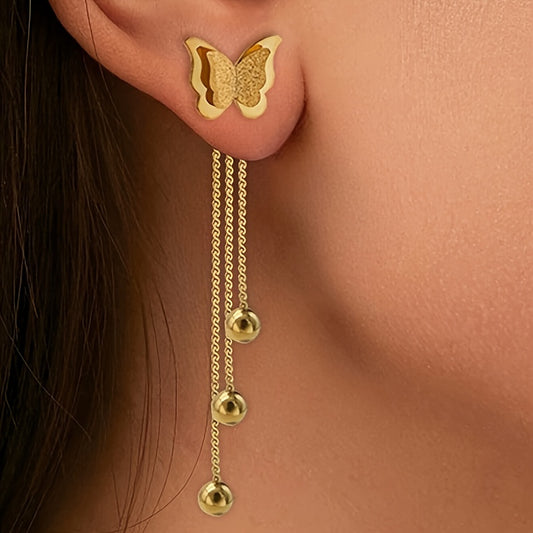 1 Pair Golden Stainless Steel Butterfly Tassel Earrings