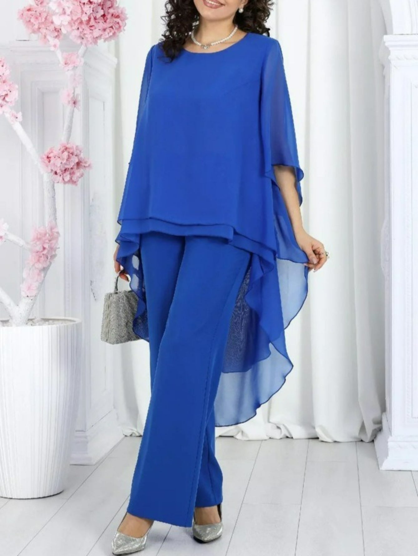 Plus Size Women’s 2025 Loose Casual Solid Color Chiffon Top & Two-Piece Set