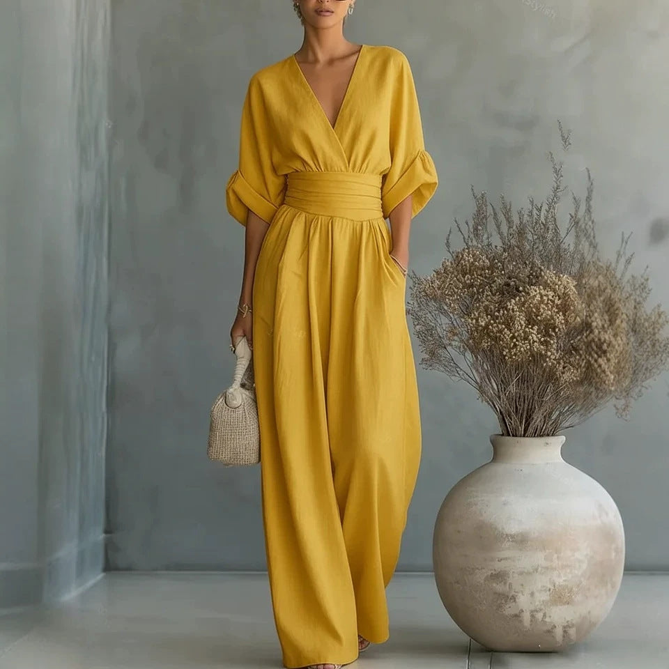 Summer Short-Sleeved Jumpsuit – Fashion Casual V-Neck Wide-Leg Pants for Women