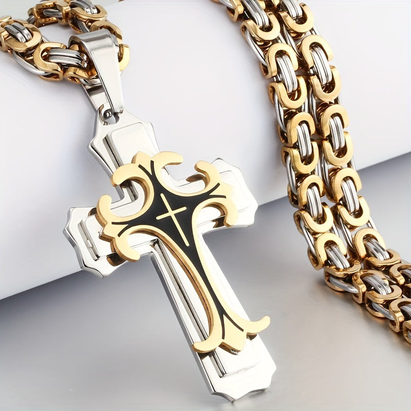 Retro Gilt Men's Necklace – Multi-Layer Cross Pendant with Flat Handmade Chain