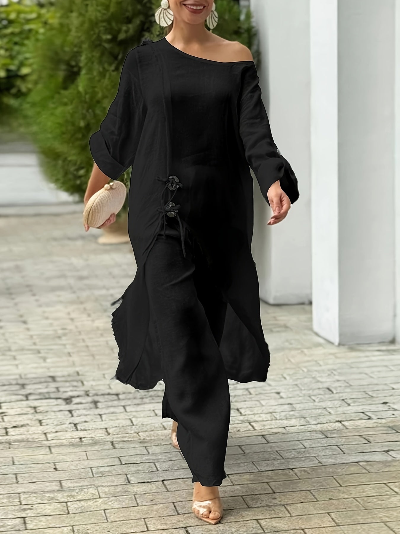 2pcs Strapless Long Sleeve Tie Slit Top And Casual Wide Leg Pants Set