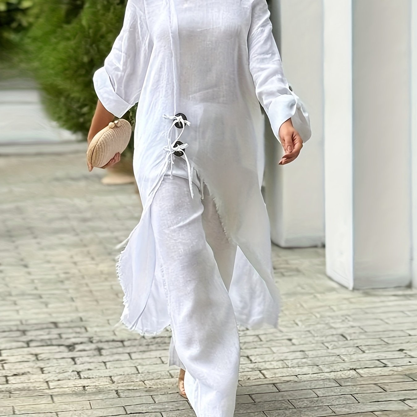 2pcs Strapless Long Sleeve Tie Slit Top And Casual Wide Leg Pants Set