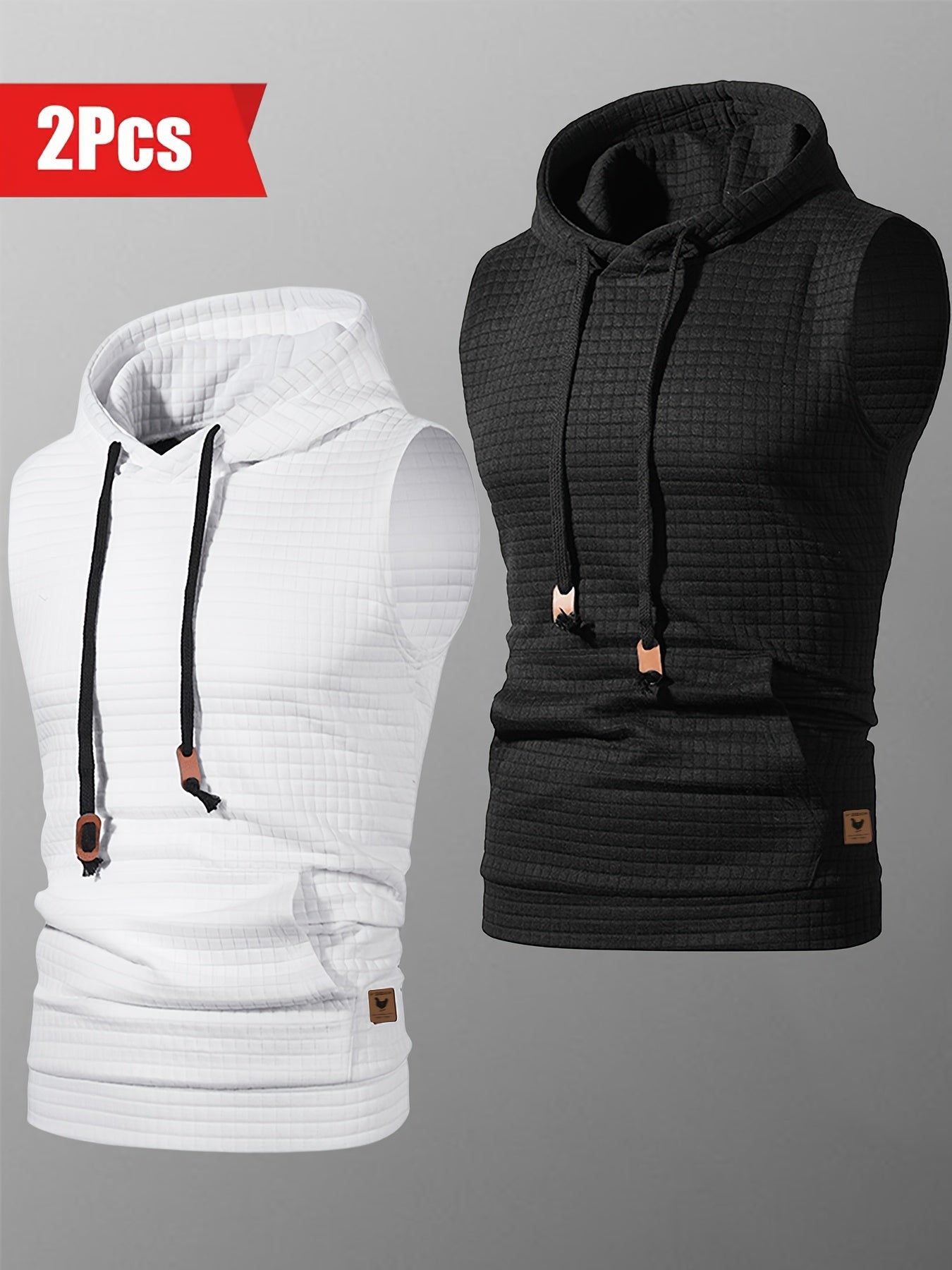 2pcs Casual Sleeveless Hooded Jacquard Tank Top