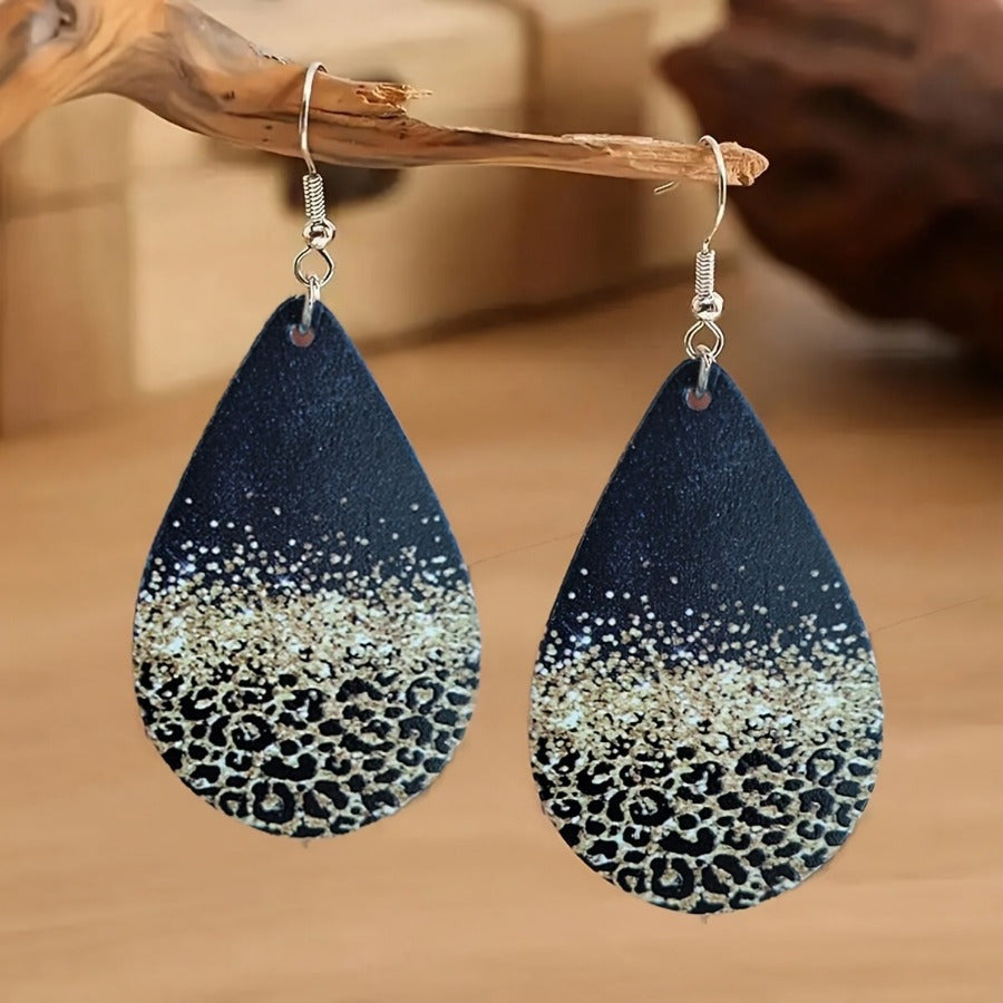 2 Pc Bohemian Minimalist Double-Sided Water Drop Earrings with Marbled & Glitter Design