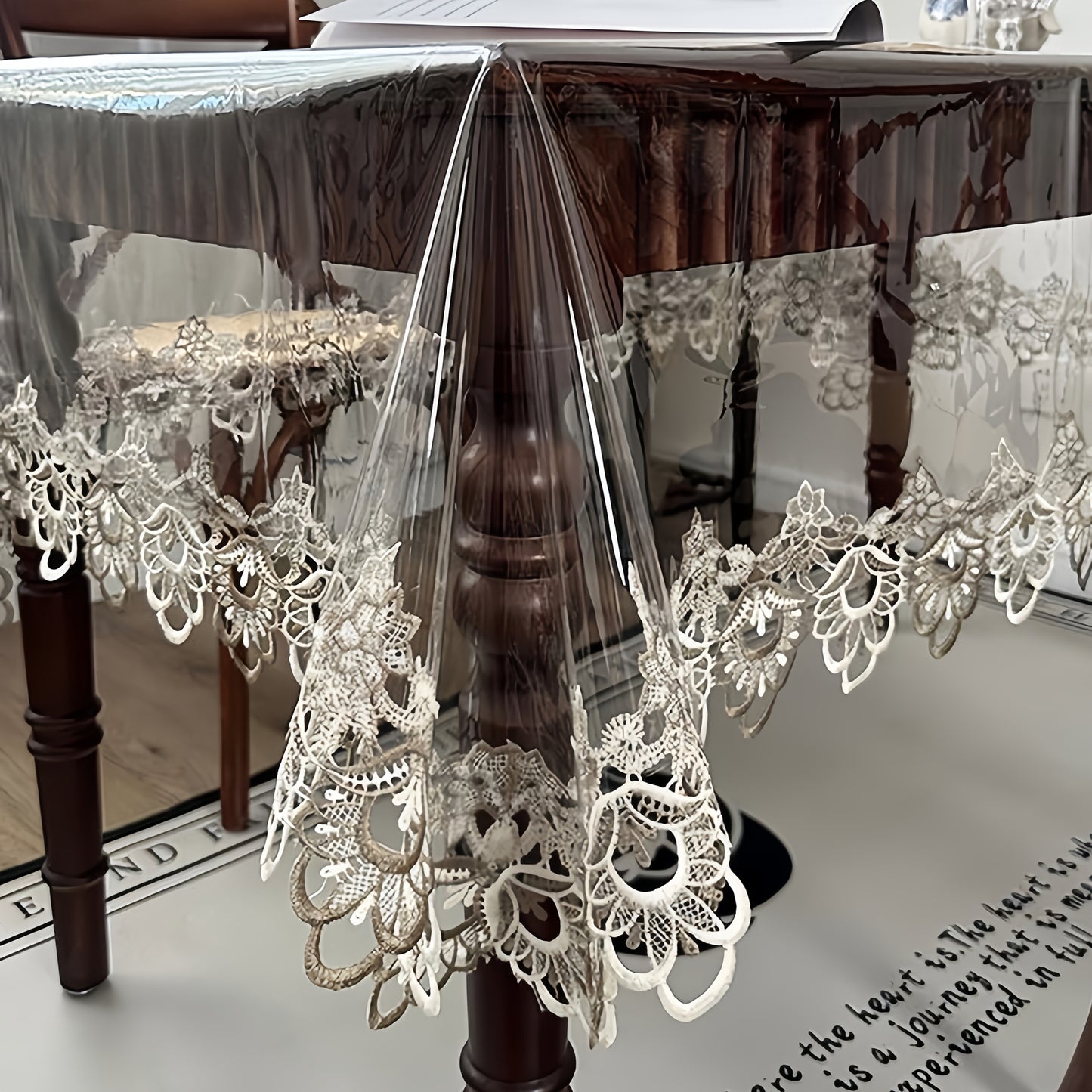 Elegant Clear PVC Lace Embroidered Tablecloth – Rectangular Floral Design
