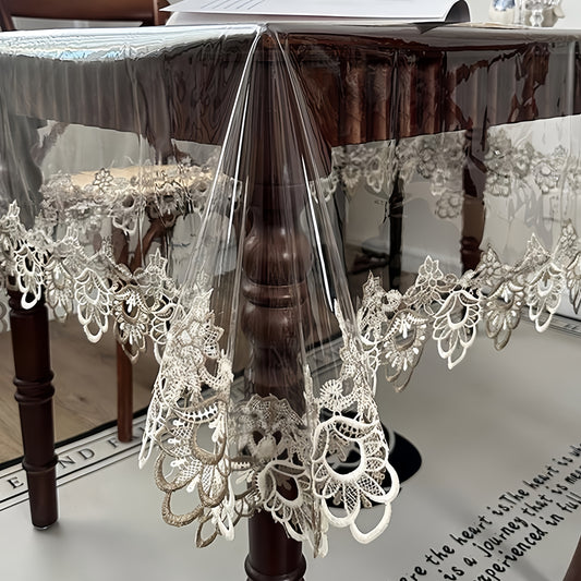 Elegant Clear PVC Lace Embroidered Tablecloth – Rectangular Floral Design