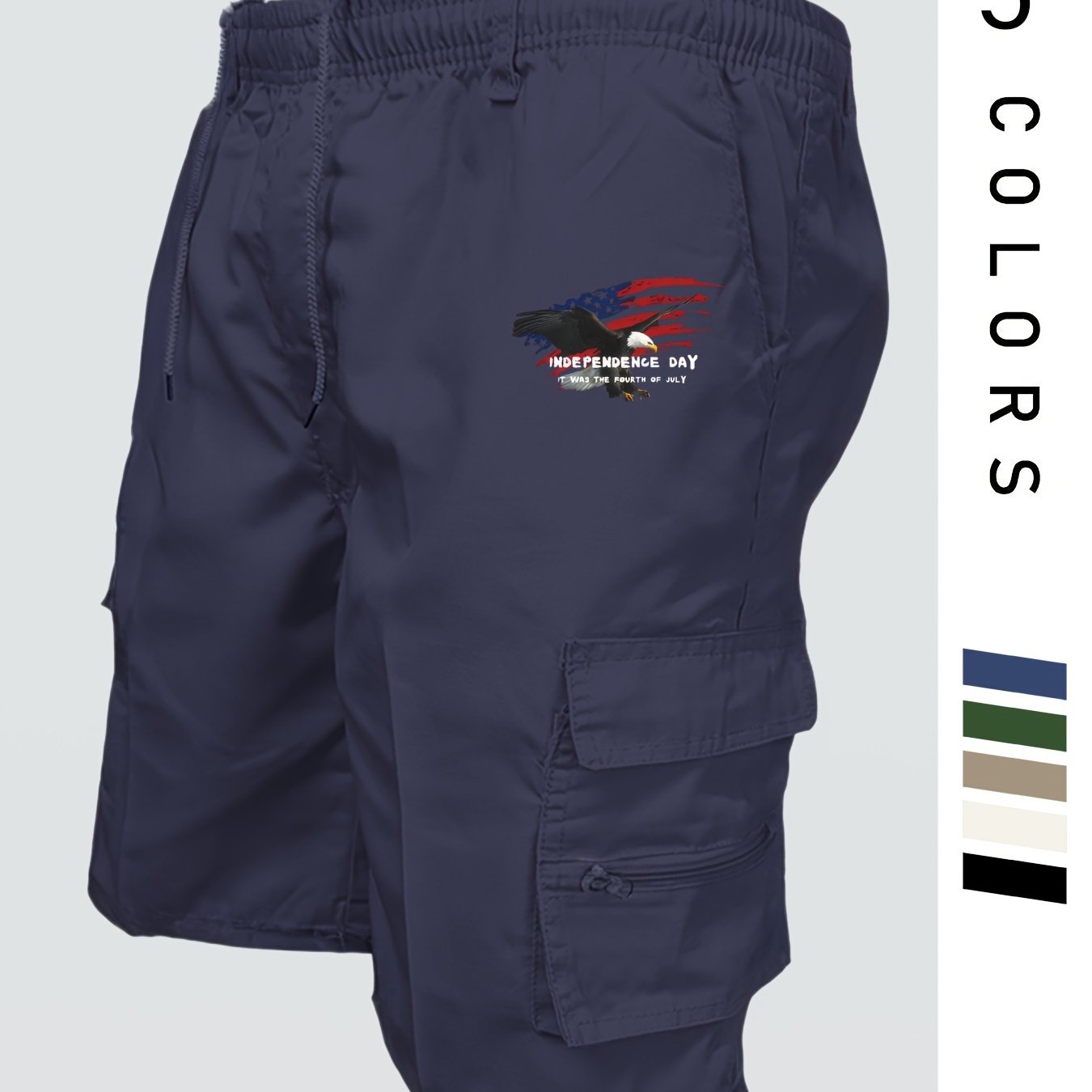 Eagle Print Loose Fit Elastic Cargo Shorts
