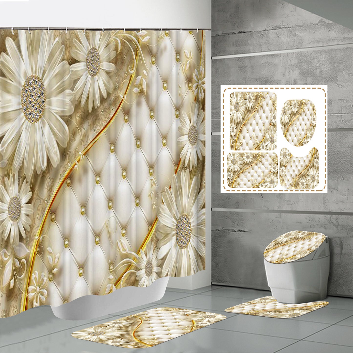 HD Digital Printing Waterproof Polyester Mildew-proof Shower Curtain Suit