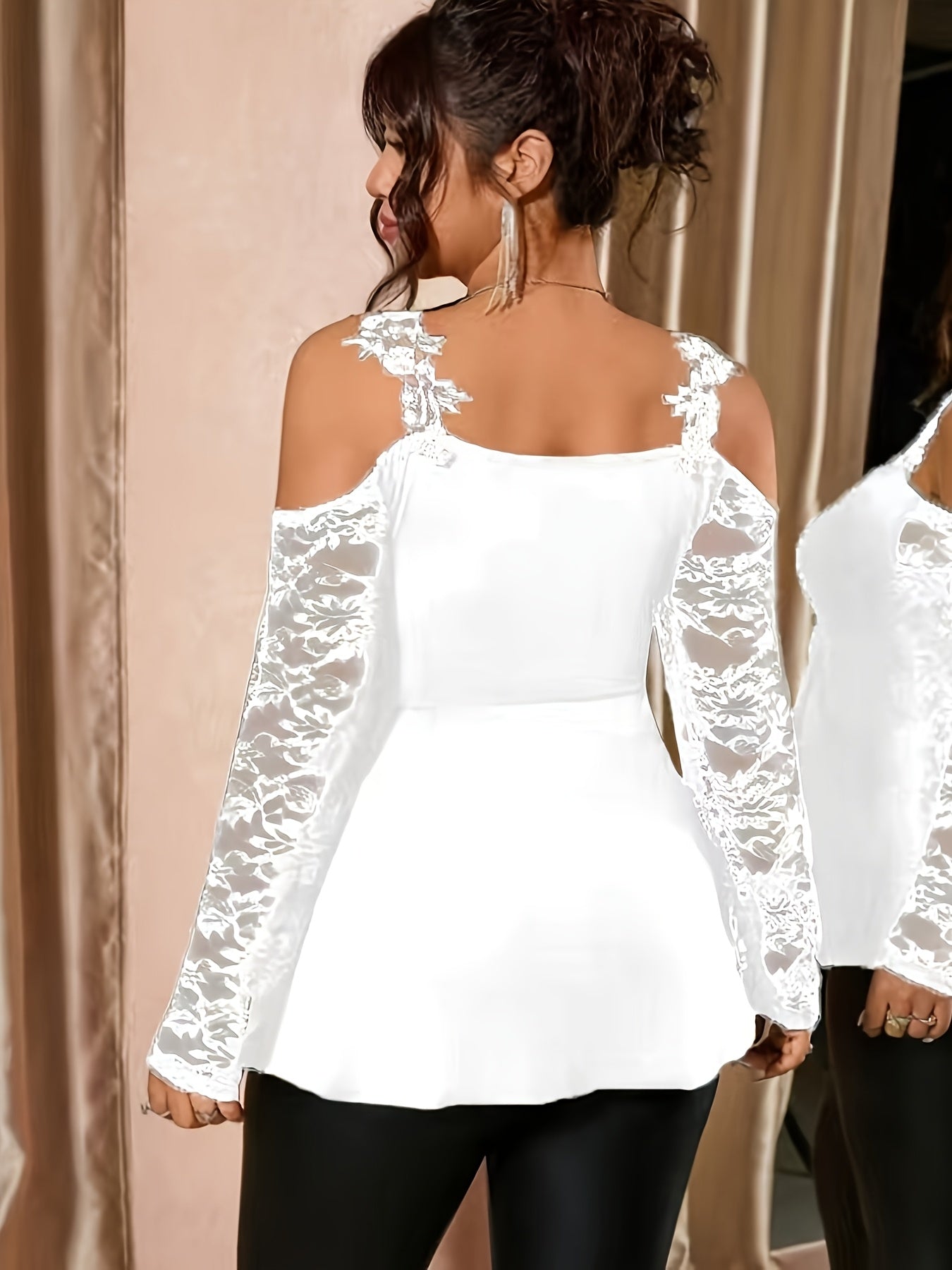 Plus Size Women’s Summer Lace Patchwork Top | Off-Shoulder Long Sleeve Slim-Fit Camisole T-Shirt