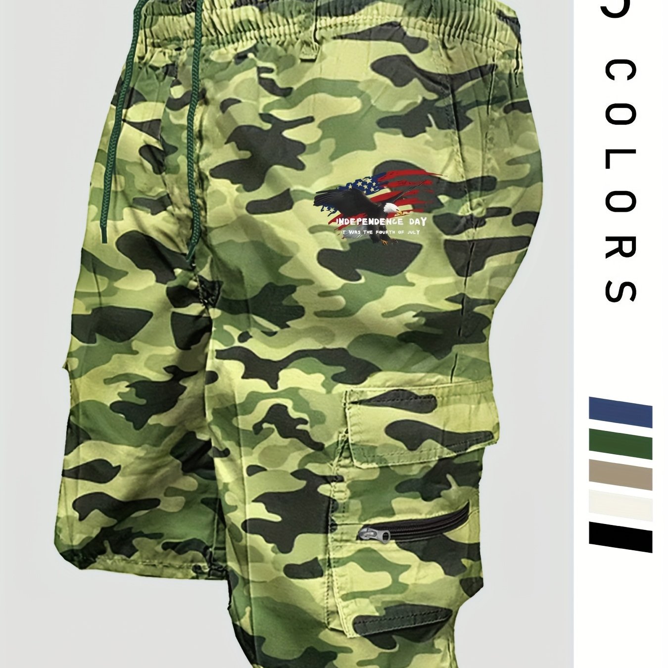 Eagle Print Loose Fit Elastic Cargo Shorts