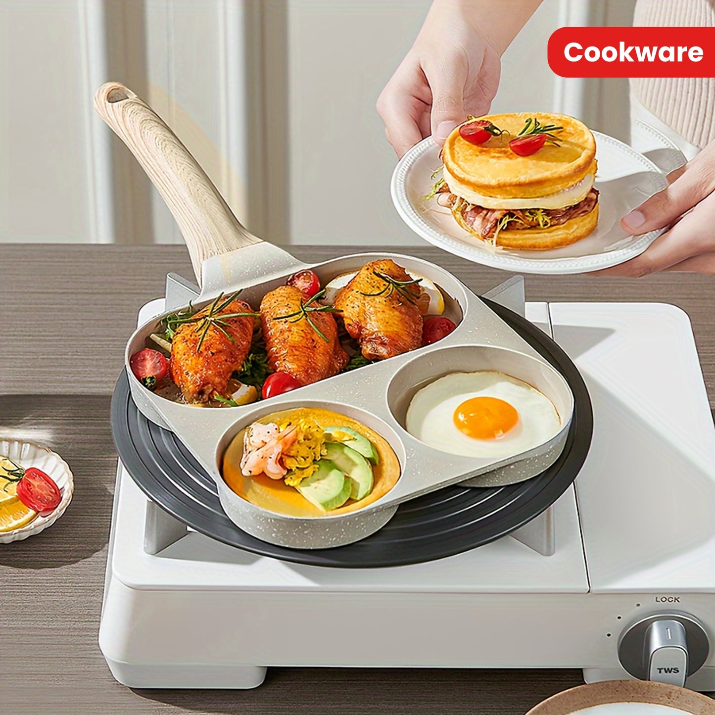 Non-Stick Aluminum Multi-Functional Compartment Pan with Wooden Handle