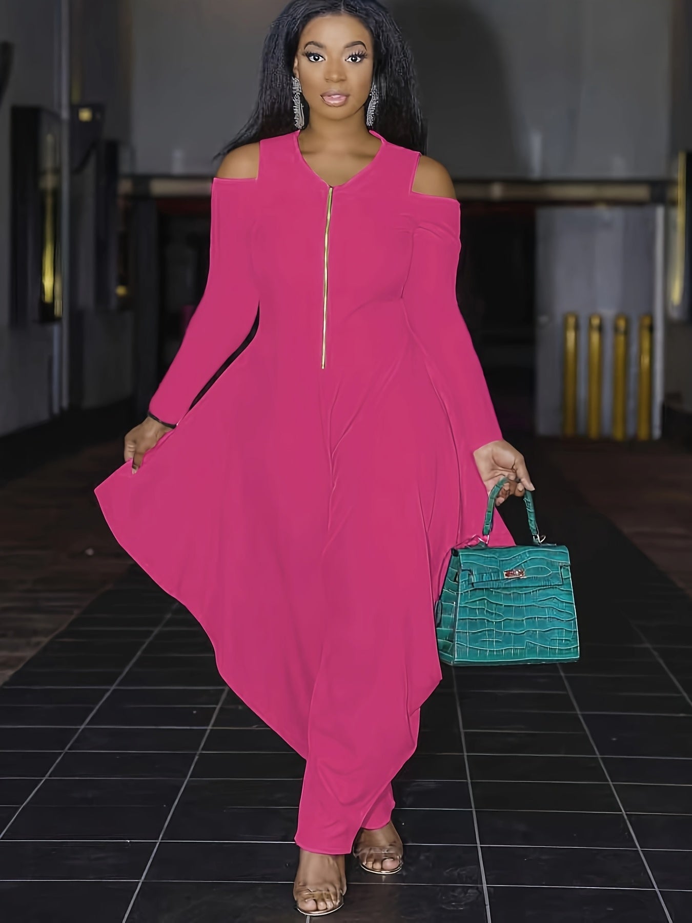 Fashionable Solid Color Off-Shoulder Zip-Up Jumpsuit