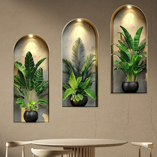 Nordic Style 3D Arched Window Flower Pot Stickers, Set of 3 – Realistic Wall Decor