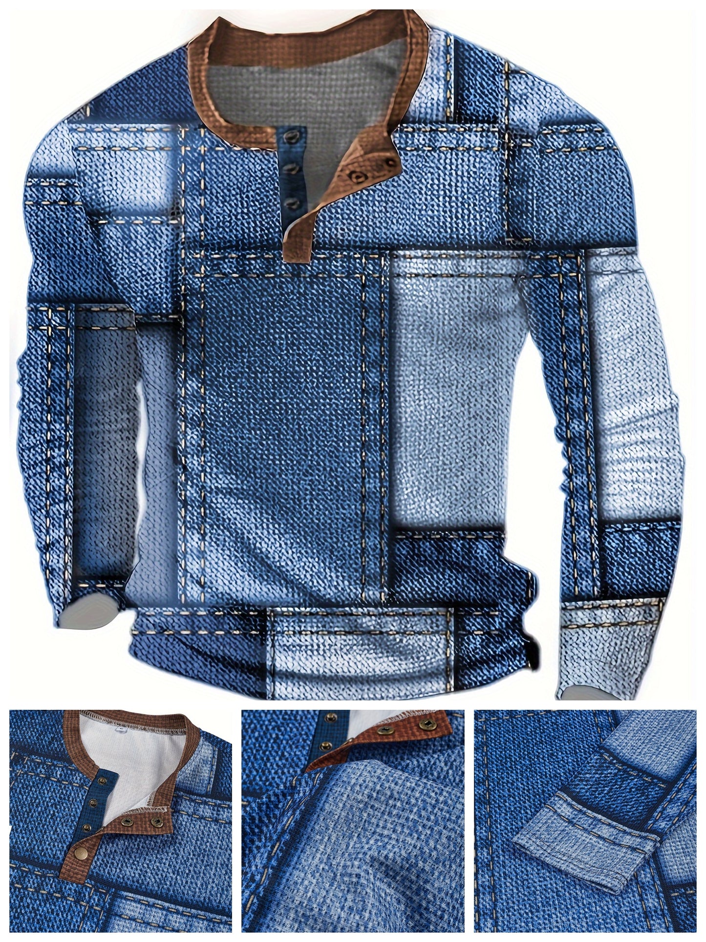 Men's Casual Crew Neck Long Sleeve Henley Shirt – Geometric Print