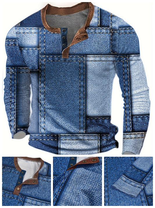 Men's Casual Crew Neck Long Sleeve Henley Shirt – Geometric Print