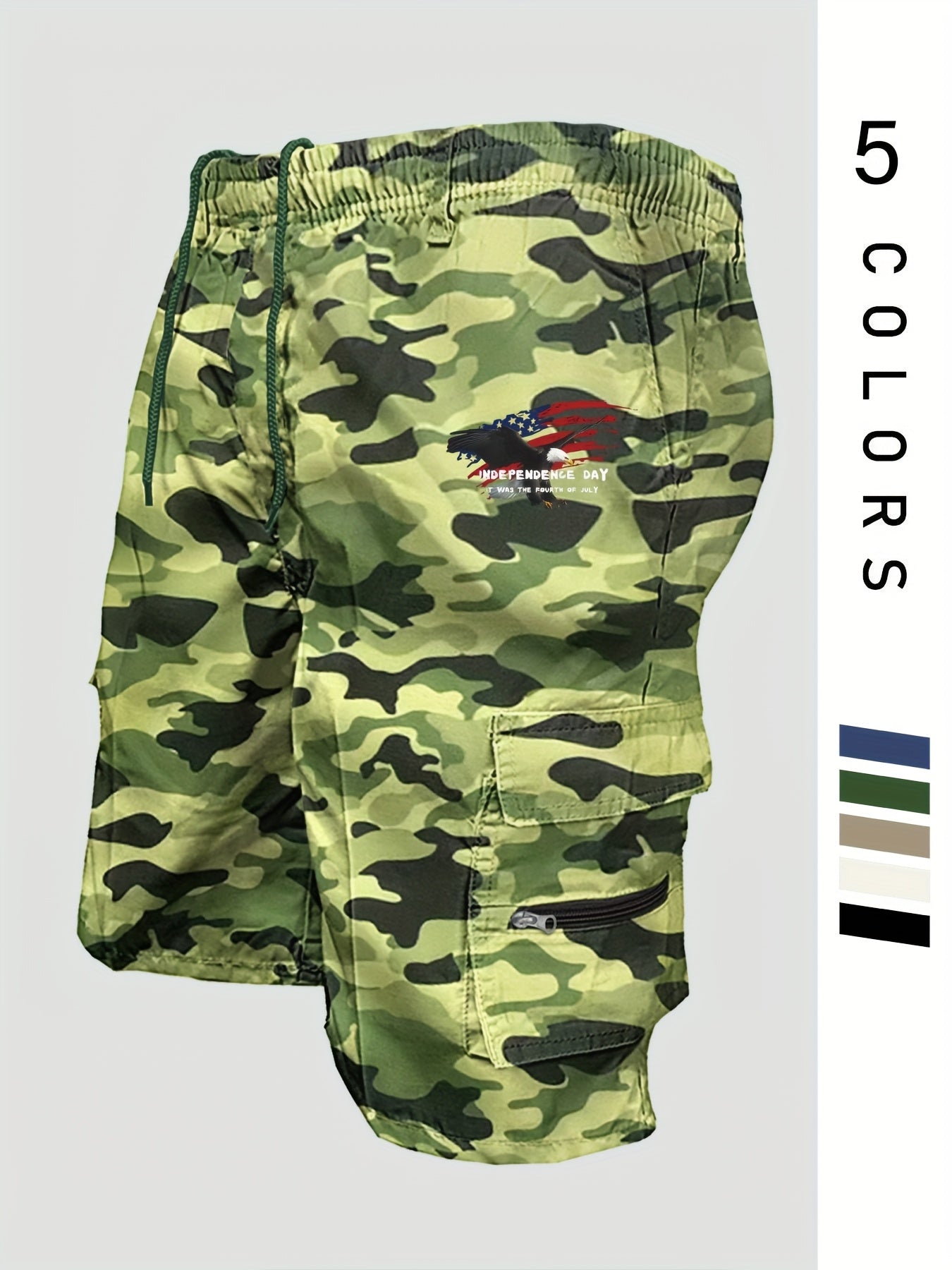 Eagle Print Loose Fit Elastic Cargo Shorts
