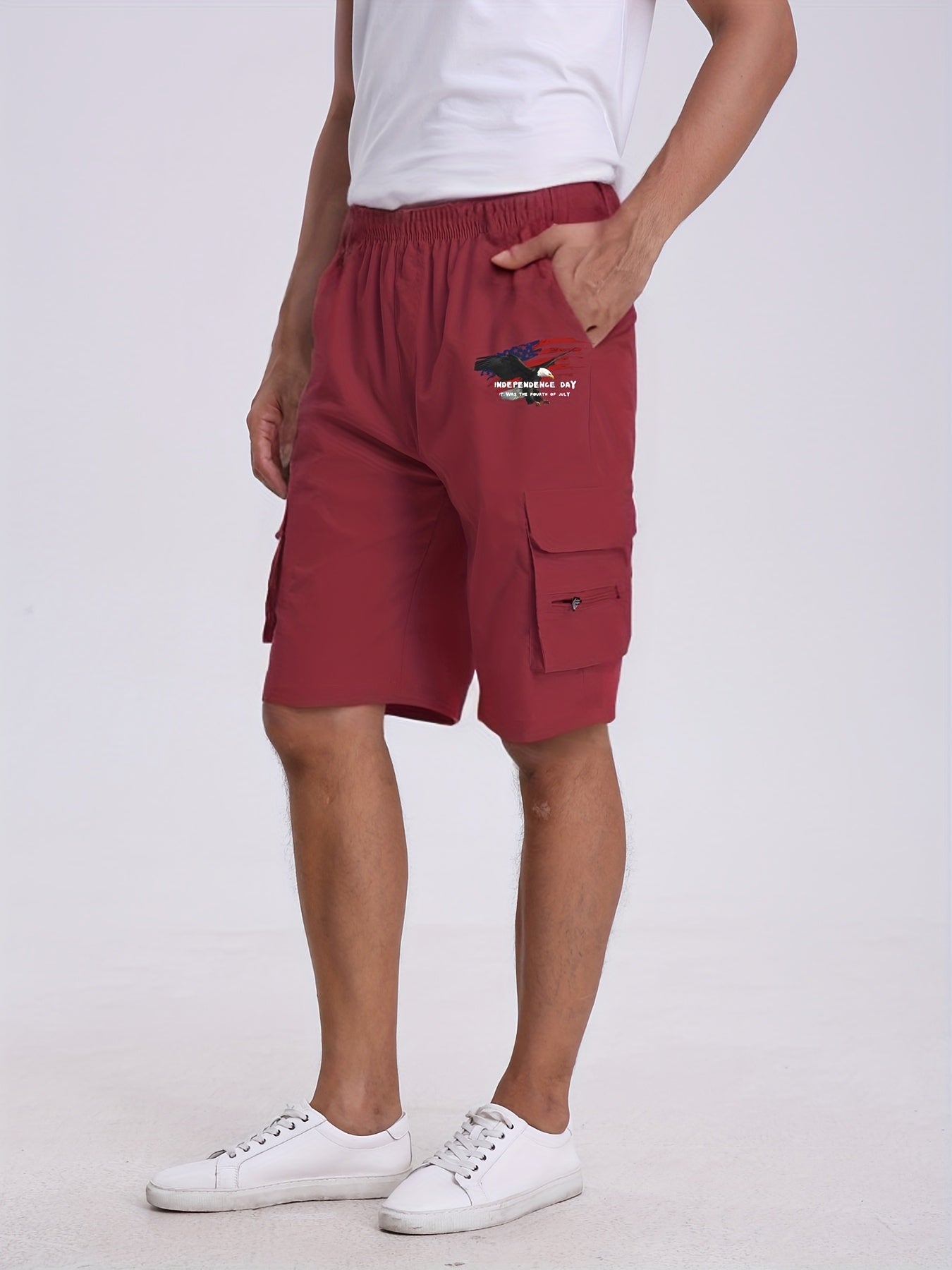 Eagle Print Loose Fit Elastic Cargo Shorts