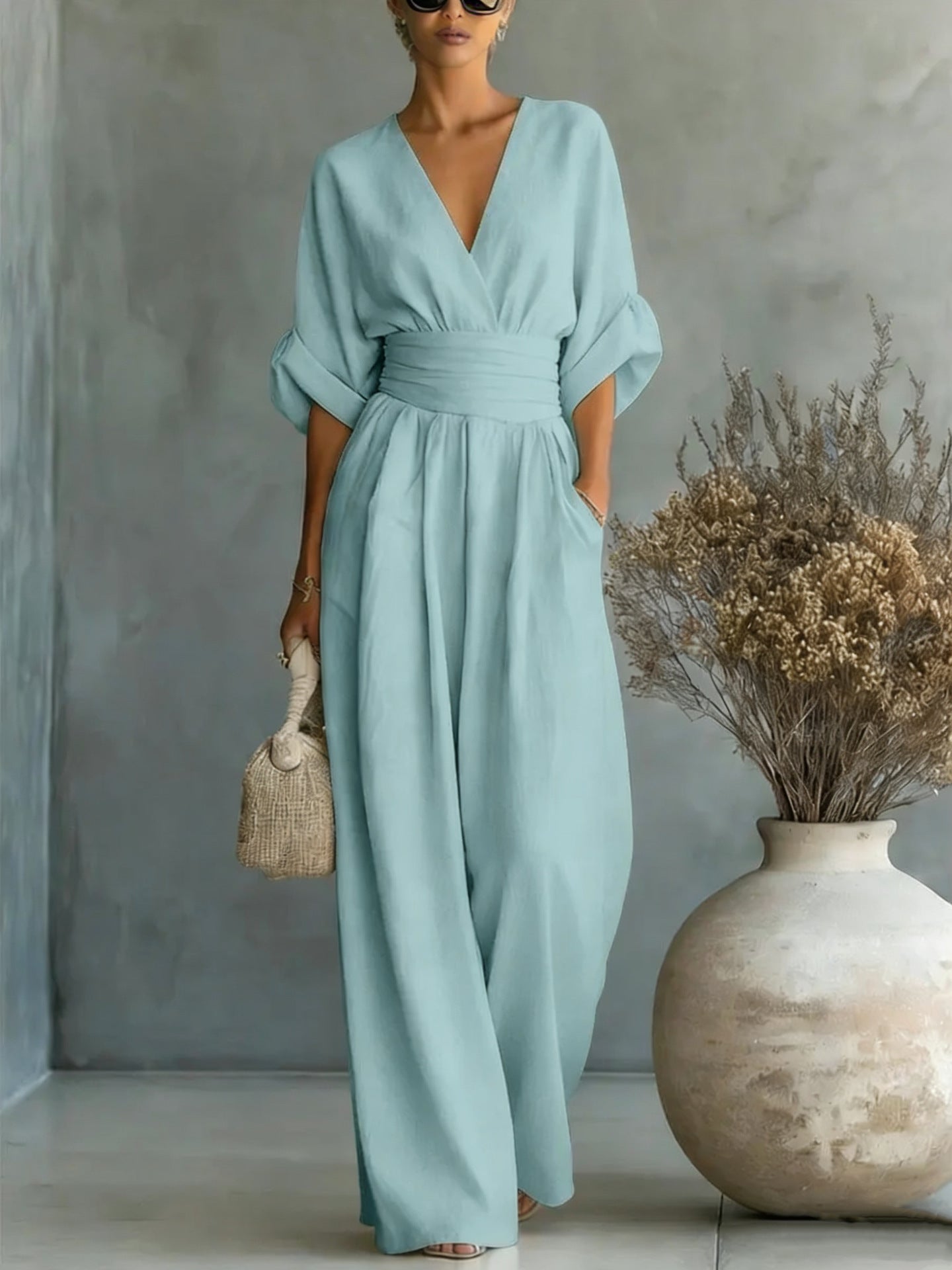 Summer Short-Sleeved Jumpsuit – Fashion Casual V-Neck Wide-Leg Pants for Women