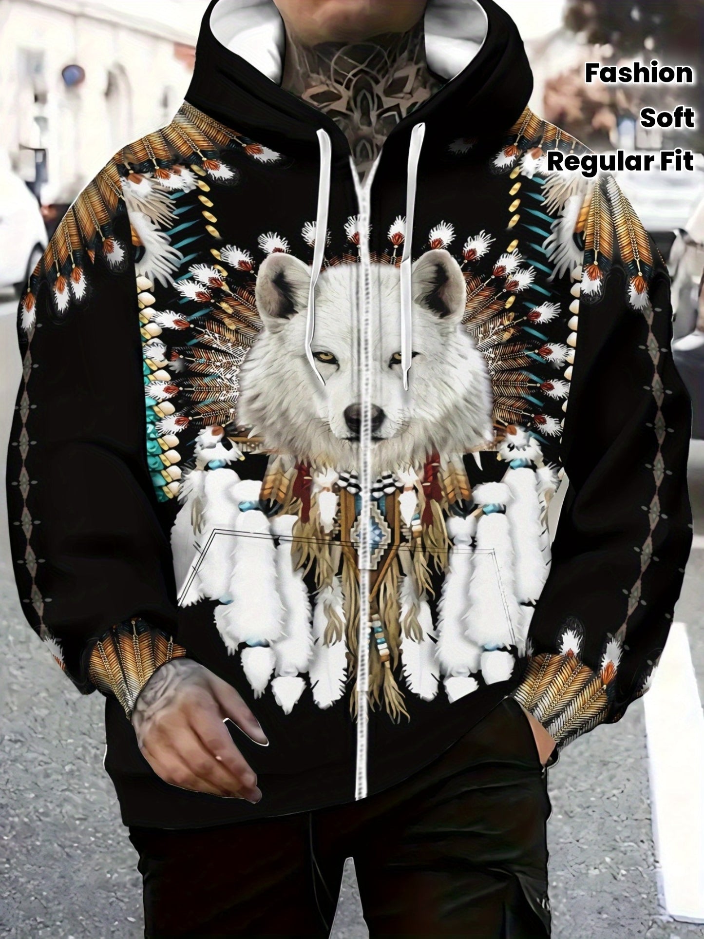 Men’s Full-Zip Hoodie – Wolf & Tribal Print