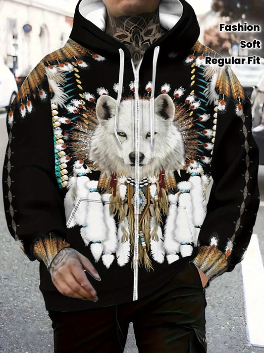 Men’s Full-Zip Hoodie – Wolf & Tribal Print