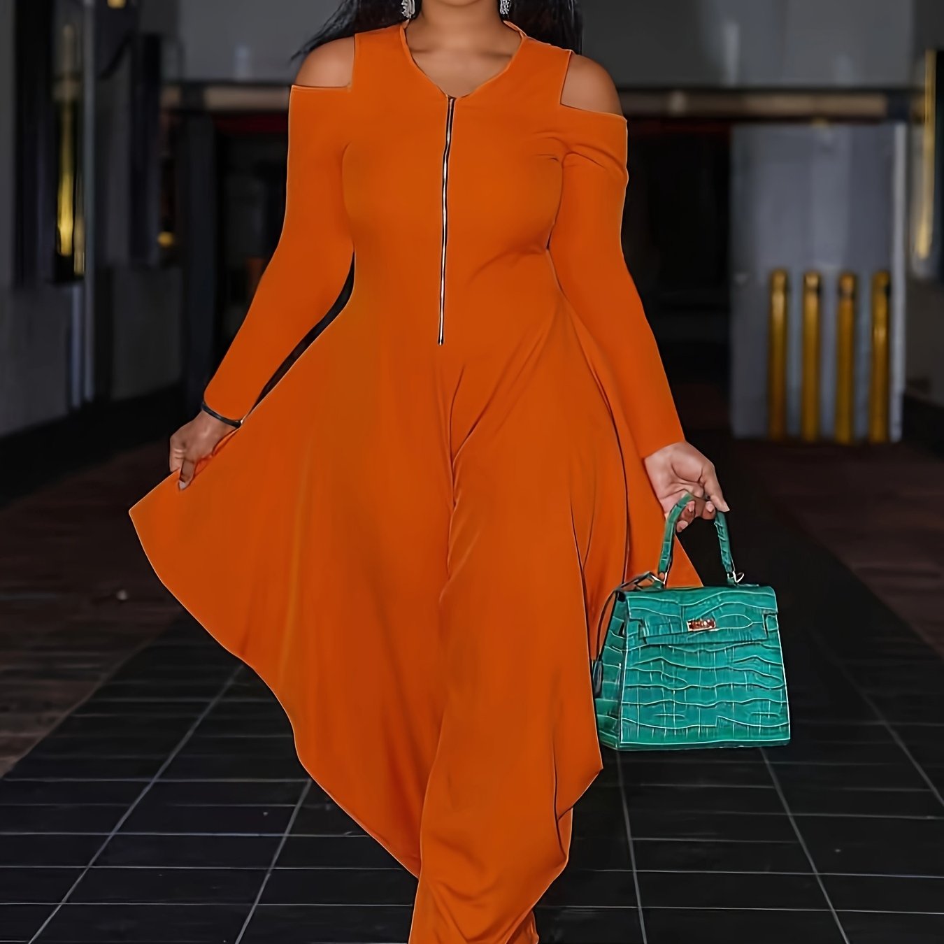 Fashionable Solid Color Off-Shoulder Zip-Up Jumpsuit