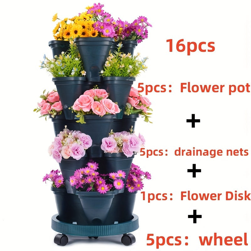 Hot Deal 5-Layer Stackable Vertical Garden Planter – 1 Set (16 Pcs) with Wheels & Tools